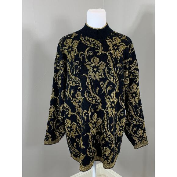 Vintage 90s Black Gold Sweater Winter Grunge CottageCore WhimsyGoth ShabbyChic - Picture 2 of 11